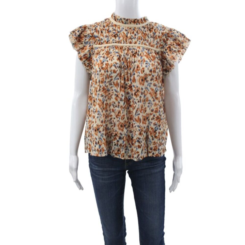 Ulla Johnson Womens Beige Floral High Neck Cotton Cap Sleeve Blouse Size 6